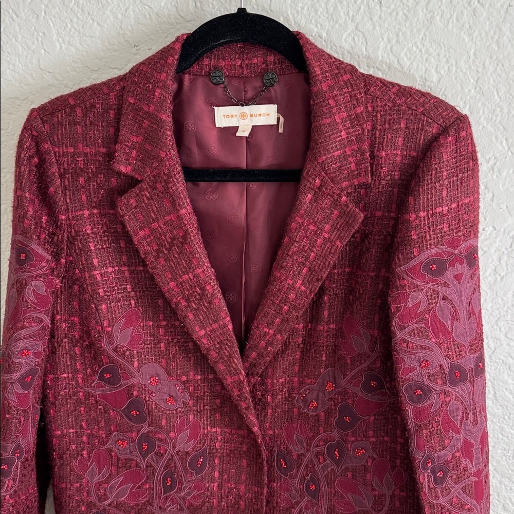 Tory Burch Burgundy Patterned Coat/Blazer